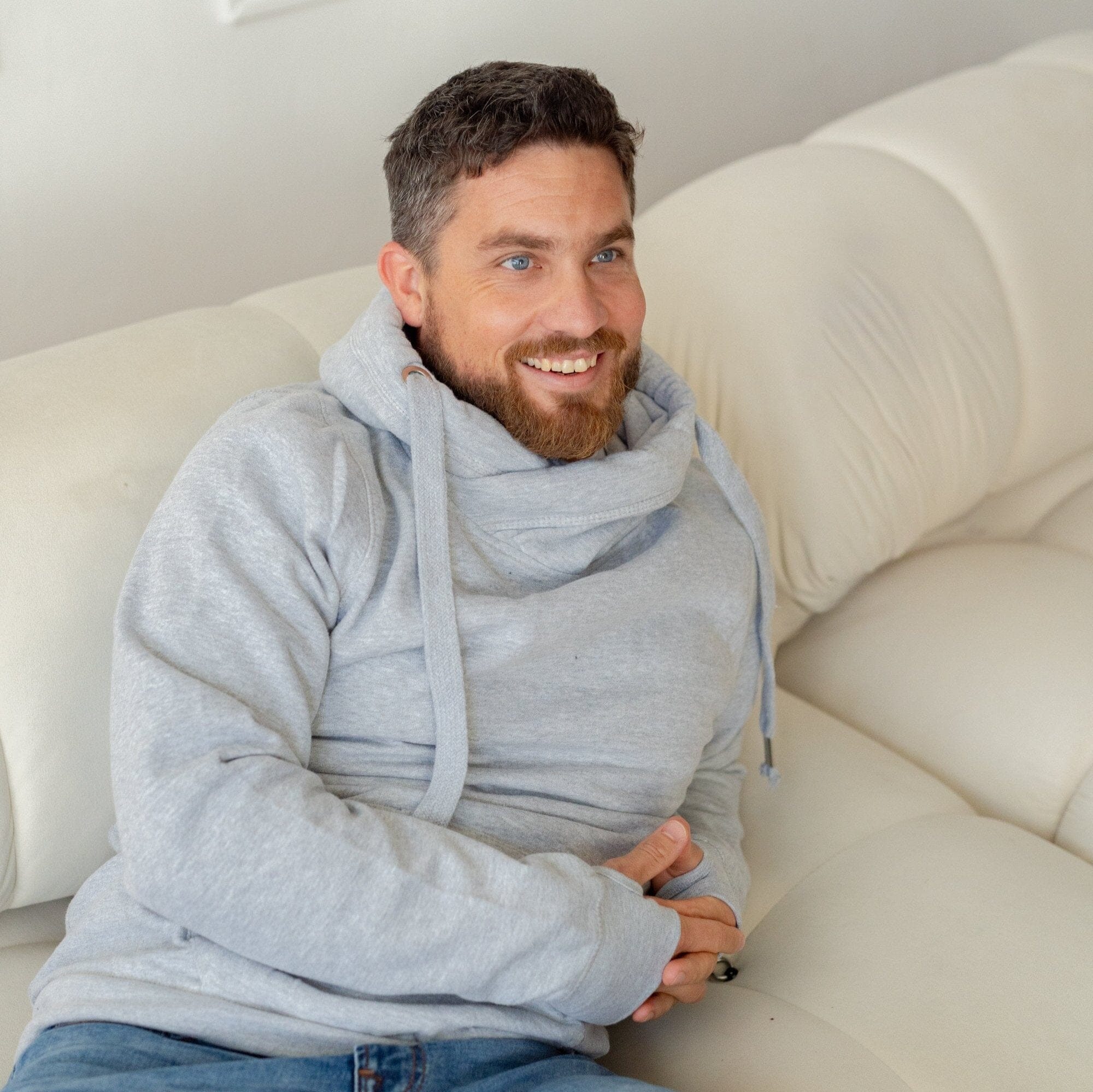 Men's Cowl Neck Hoodie Sweatshirt in Grey by Betty Bramble