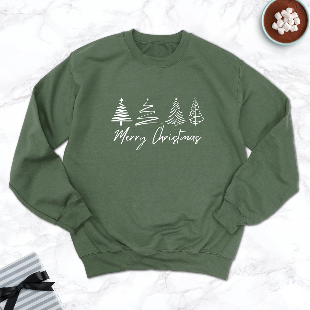 Merry Christmas Illustrated Trees Khaki Sweatshirt - Express Delivery Available At Betty Bramble