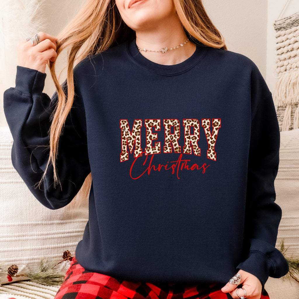 Leopard Merry Christmas Navy Sweatshirt - Express Delivery Available At Betty Bramble