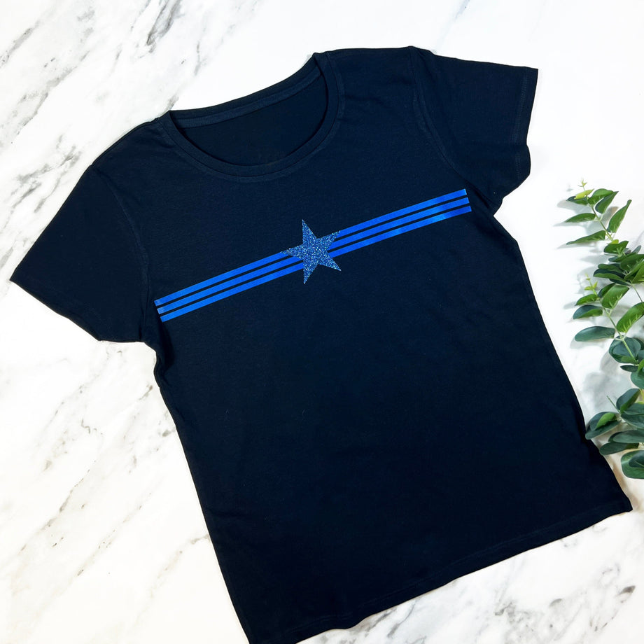 Metallic Blue Stripes and Glitter Star T Shirt by Betty Bramble