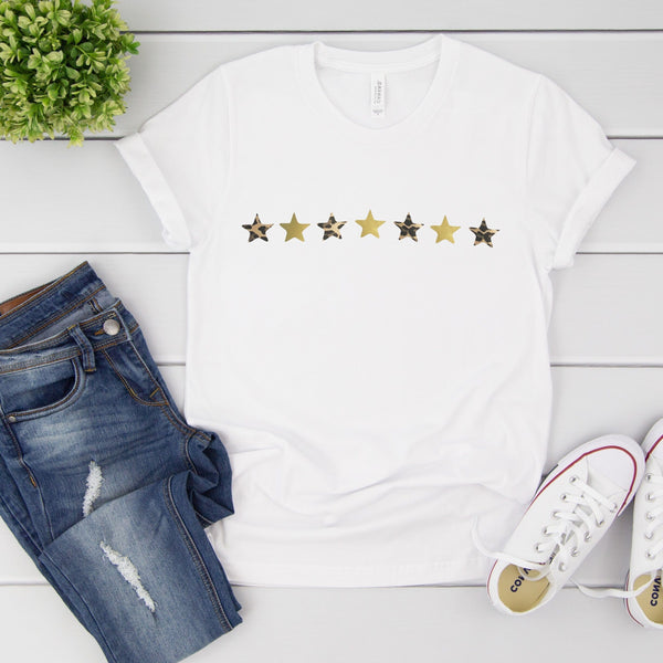 Gold and Leopard Mini Stars White T Shirt - BOYFRIEND FIT