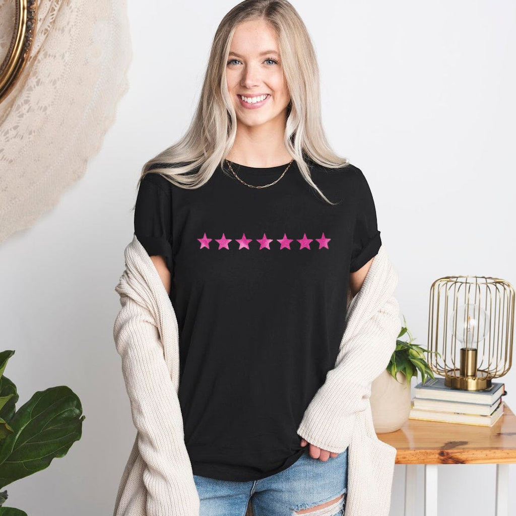 Metallic Pink Mini Stars Black T Shirt - BOYFRIEND FIT