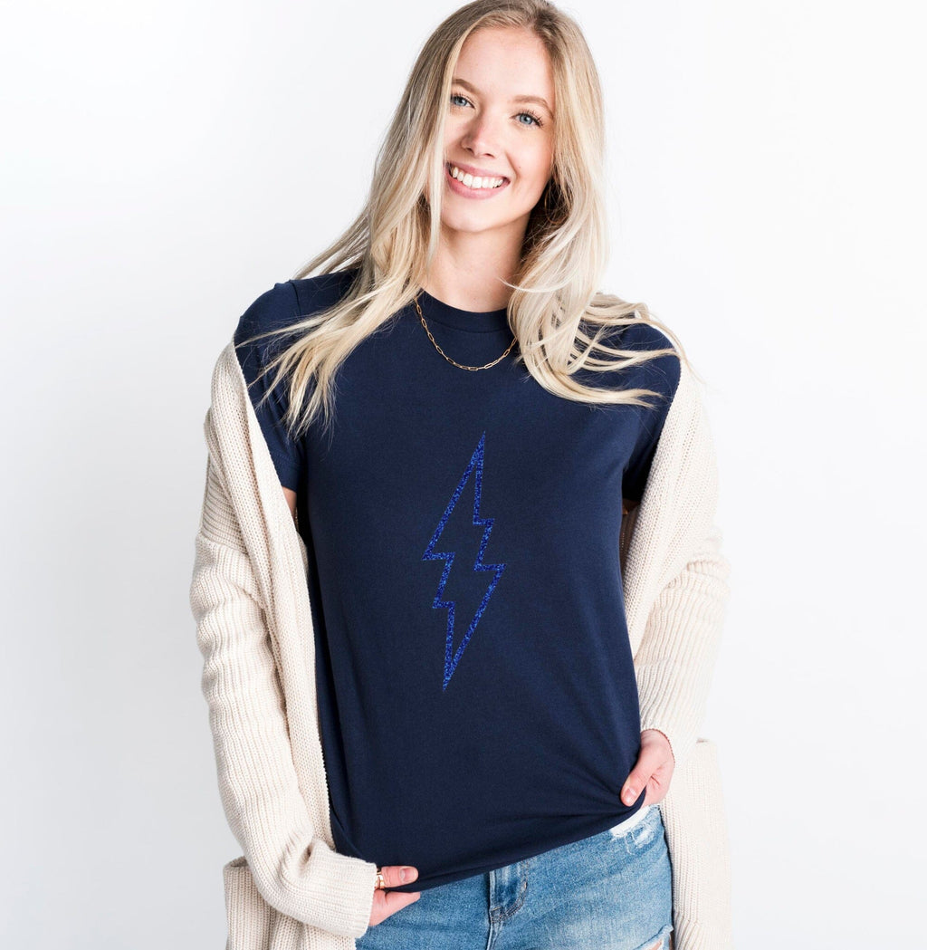 Navy Glitter Lightning Bolt T Shirt - BOYFRIEND FIT