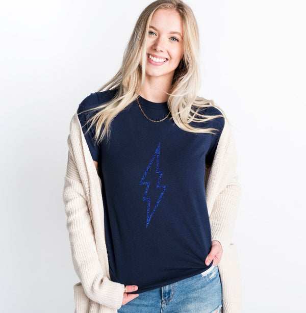Navy Glitter Lightning Bolt T Shirt - BOYFRIEND FIT