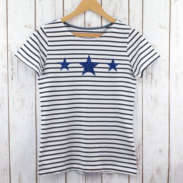 Triple Navy Glitter Stars Breton Striped T Shirt