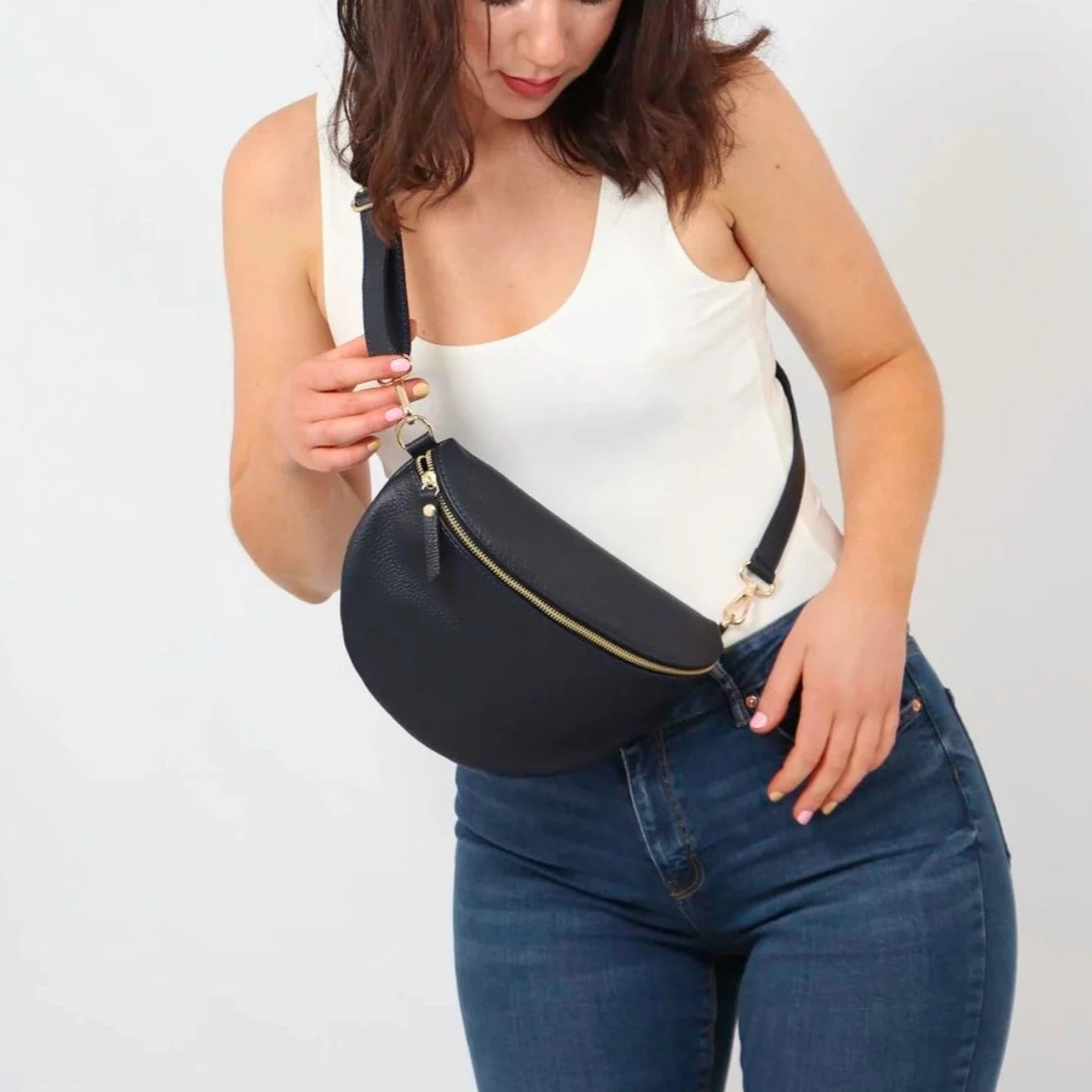 Navy Large Italian Leather Half Moon Crossbody Bag Betty Bramble