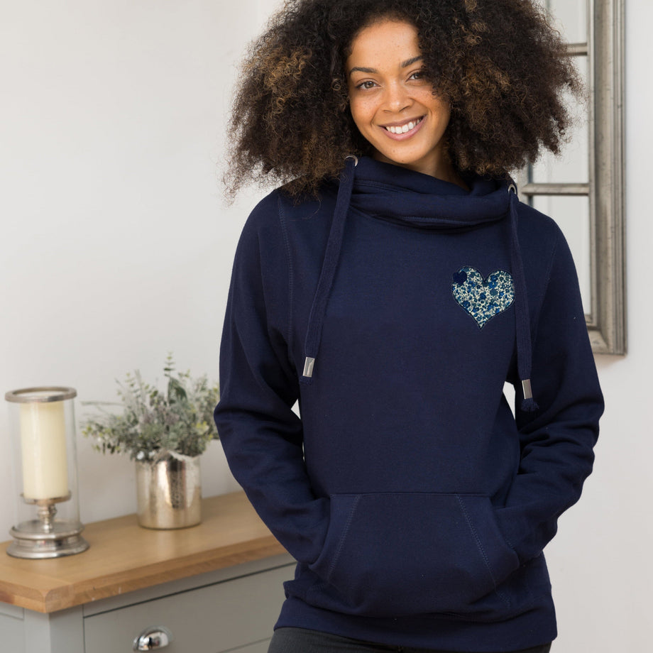 Heart Liberty Print Navy Cowl Neck Hoodie by Betty Bramble