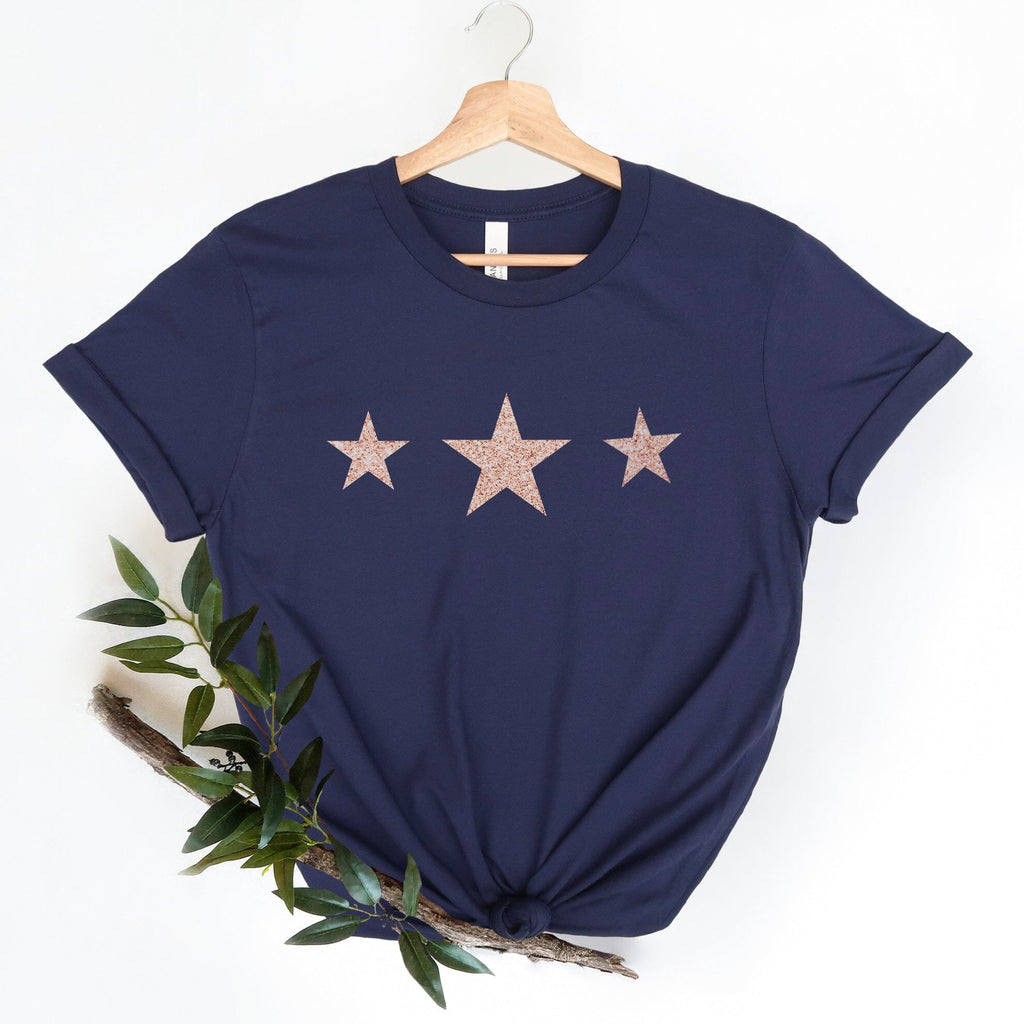 Triple Glitter Rose Gold Stars Ladies Navy T Shirt