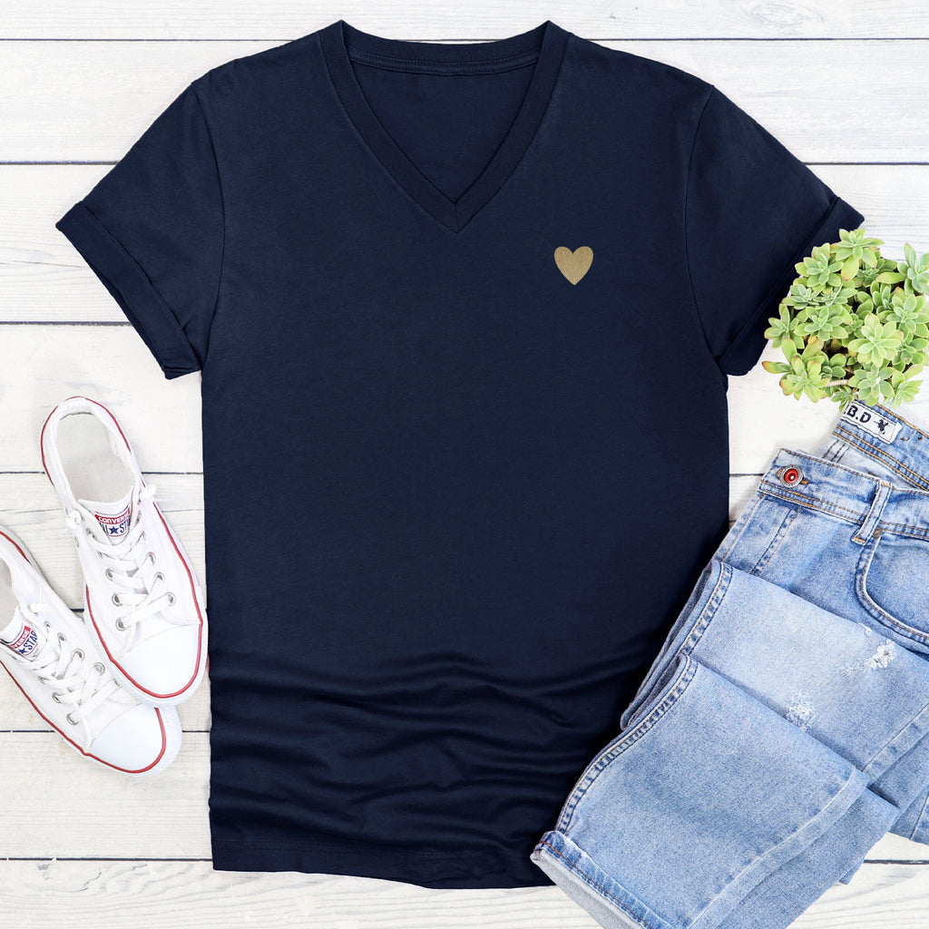 Tiny Gold Heart Navy V-Neck T-Shirt