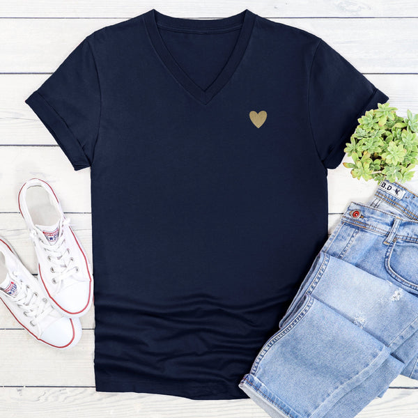 Tiny Gold Heart Navy V-Neck T-Shirt