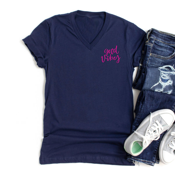 Good Vibes in Neon Pink V-Neck T-Shirt