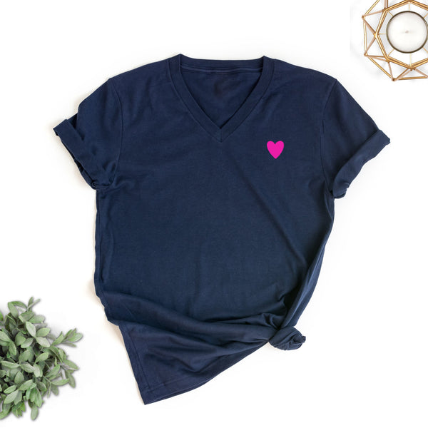 Tiny Neon Heart Navy V-Neck T-Shirt