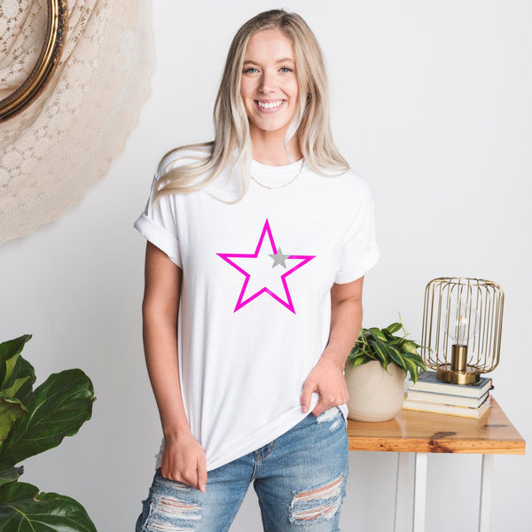 Neon Pink Starstruck Ladies Star T Shirt - BOYFRIEND FIT