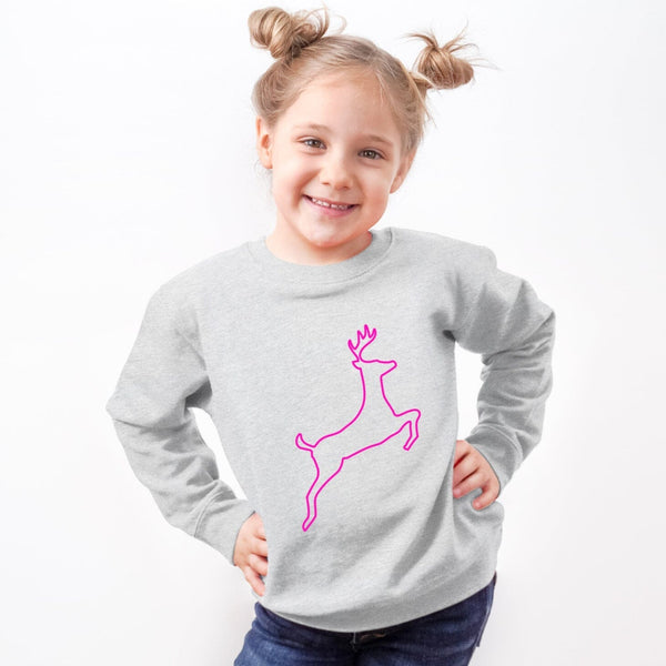 KIDS - AGE 9-11 YEARS - Neon Pink Reindeer Outline Children's Sweatshirt - SECONDS