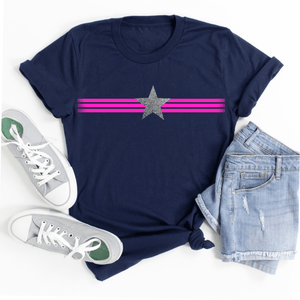 Ladies Neon Pink Stripes and Glitter Star T Shirt - Express Delivery Available At Betty Bramble