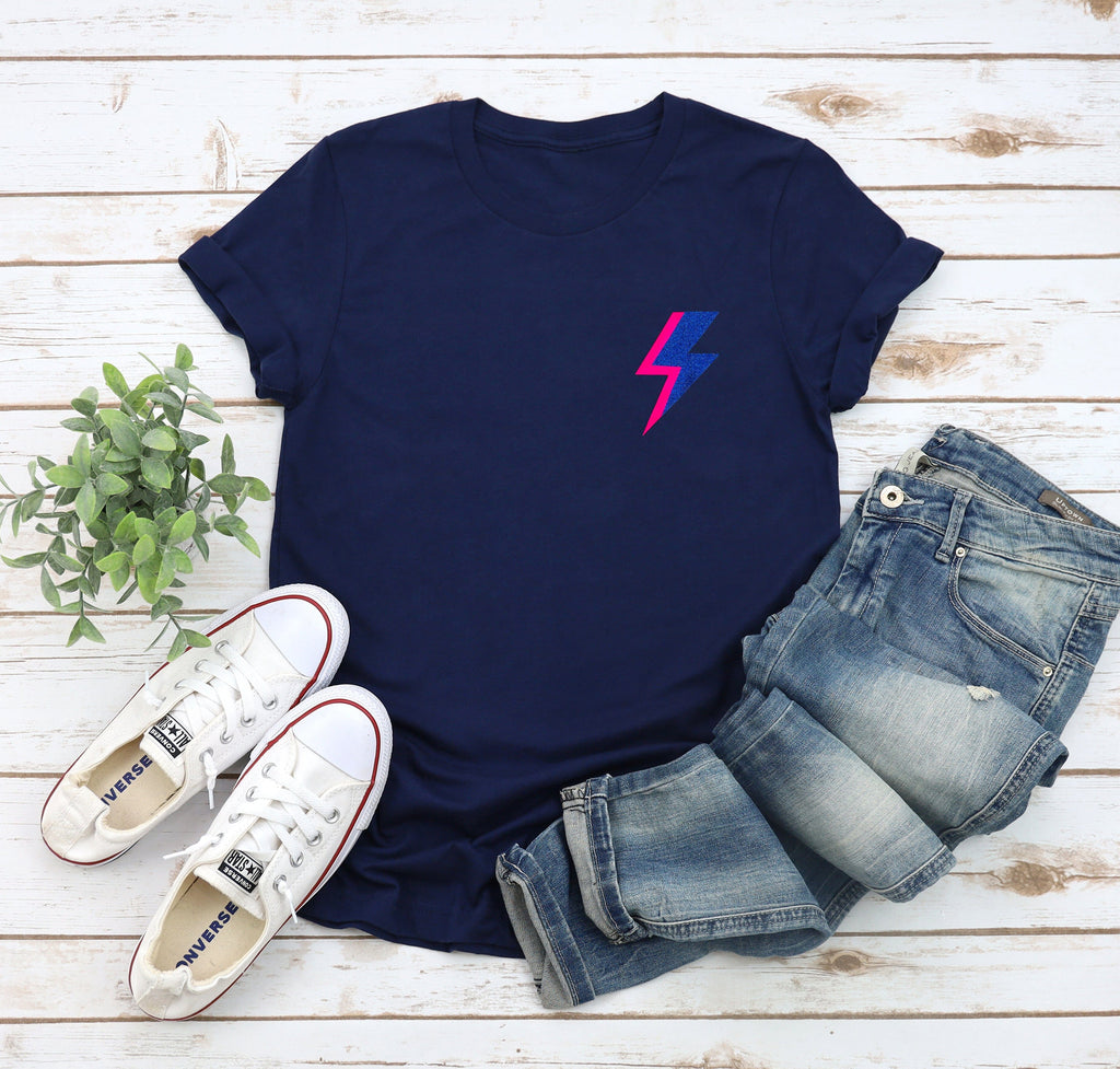 Neon and Navy Glitter Pocket Lightning Bolt T-Shirt