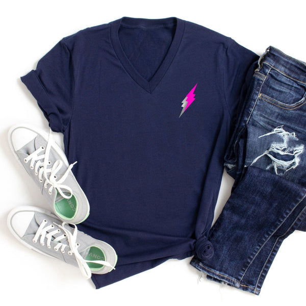 Neon Pink and Silver Mini Lightning Bolt V-Neck T-Shirt