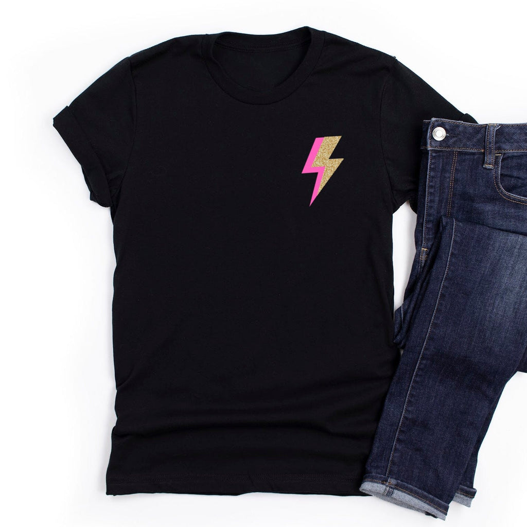 Fuchsia and Gold Glitter Pocket Lightning Bolt T-Shirt
