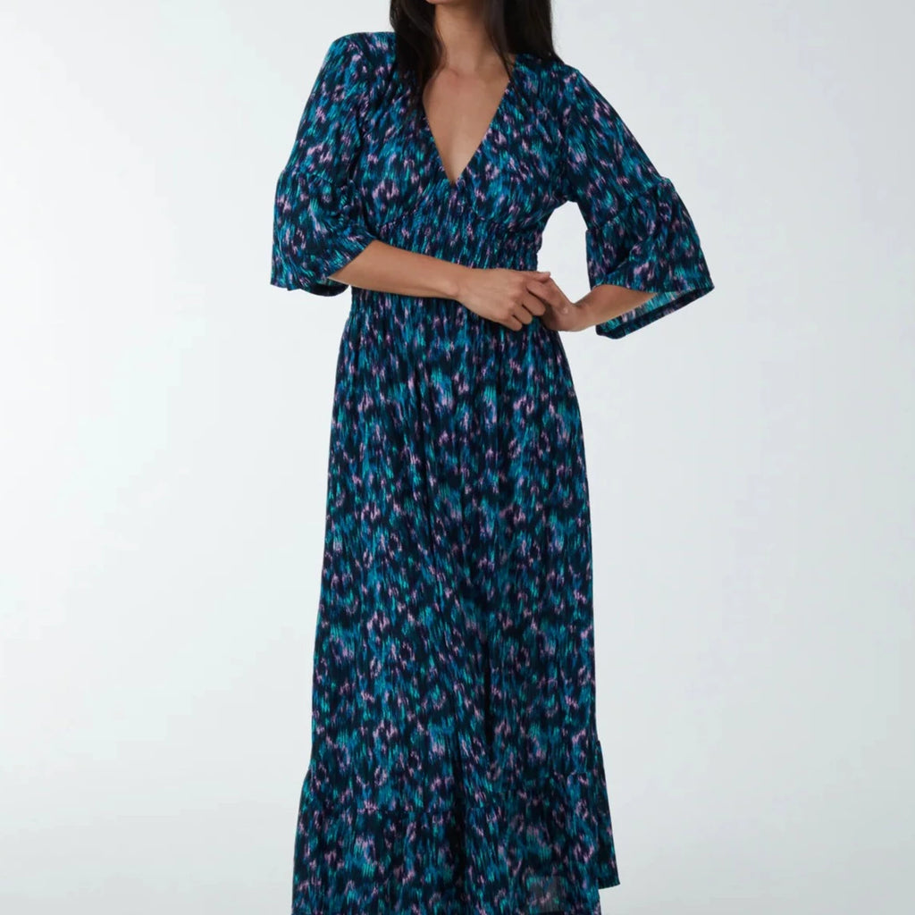 Shirred Waist Peacock Maxi Dress