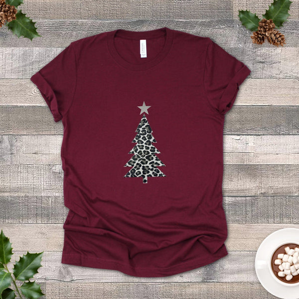 Leopard Print Christmas Tree T Shirt in Plum