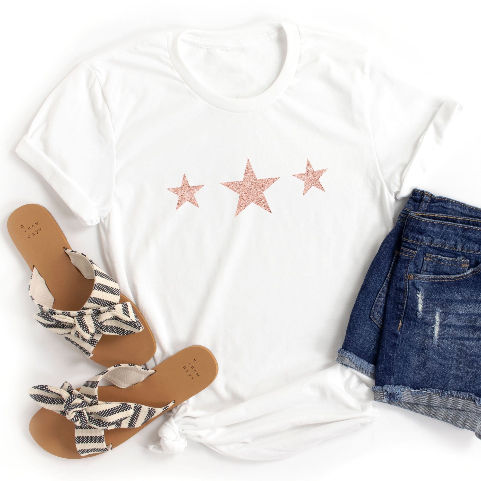 Triple Glitter Rose Gold Stars Ladies T Shirt