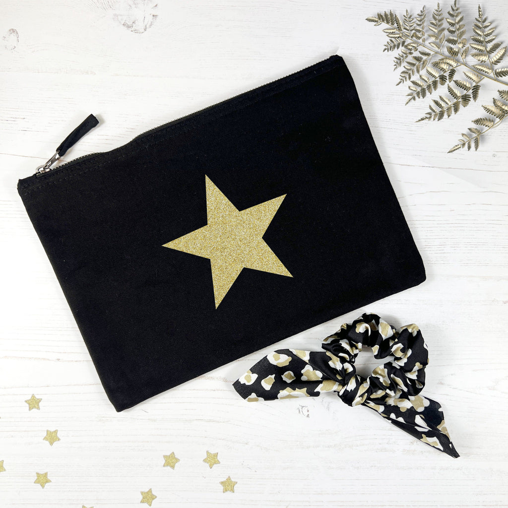 Gold Glitter Star Make-Up Bag and Leopard Scrunchie Set