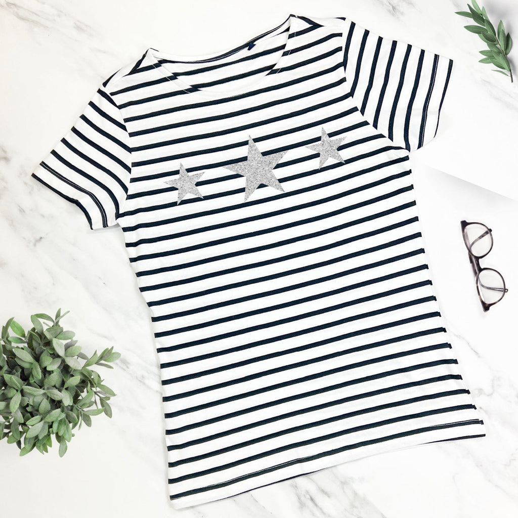 Silver Glitter Stars Breton Striped T Shirt