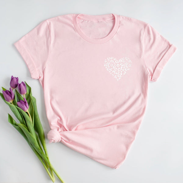 Silver Leopard Heart Organic Pink T-Shirt