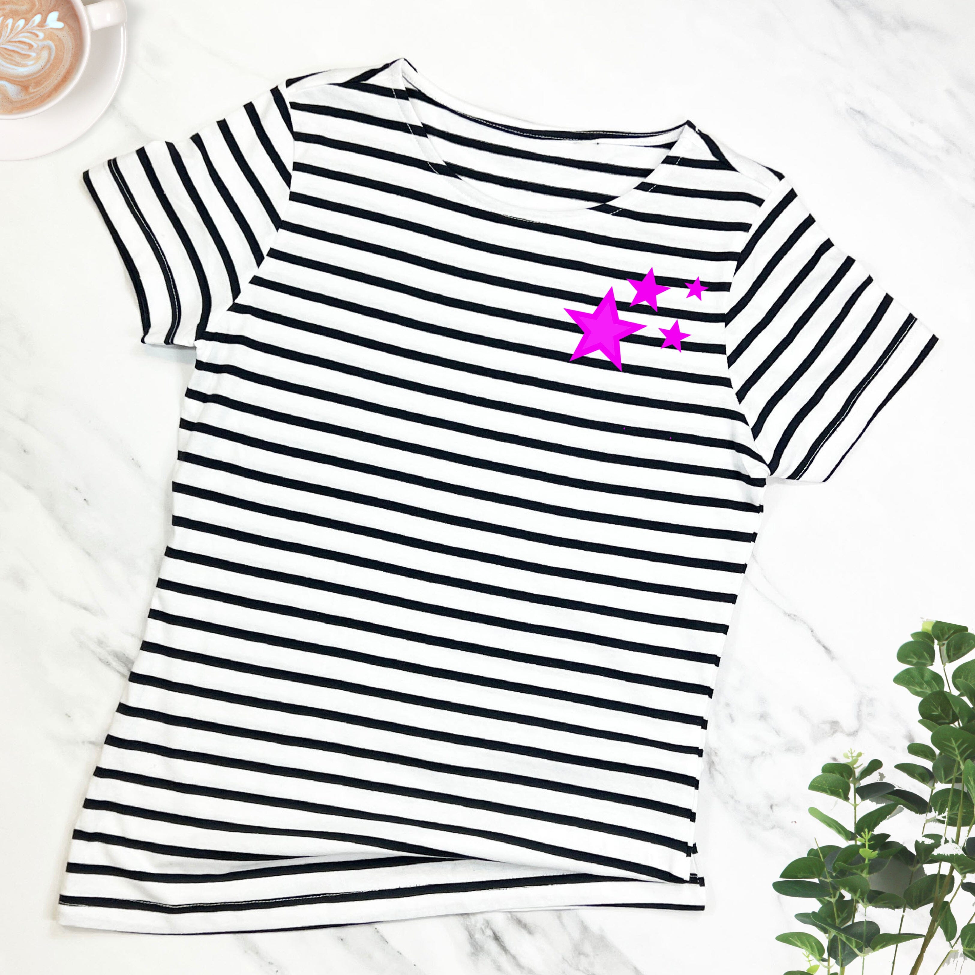 Scattered Fuchsia Stars Breton Striped T Shirt size small by