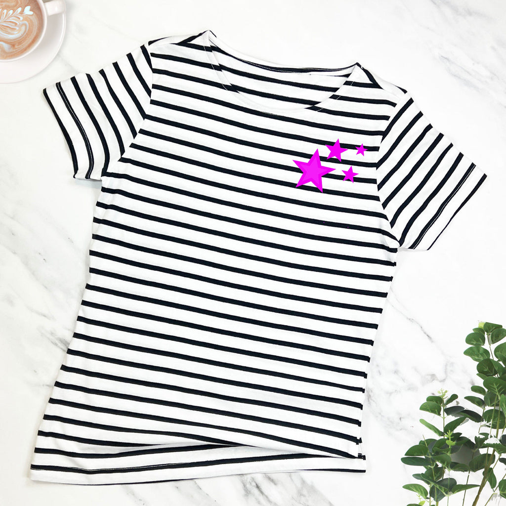 Scattered Fuchsia Stars Breton Striped T Shirt