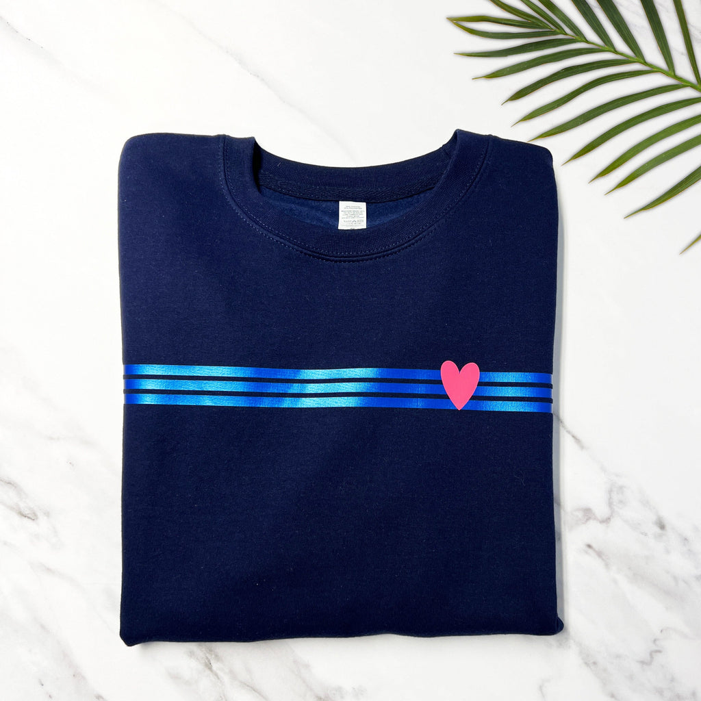 Metallic Blue Stripes and Heart Sweatshirt