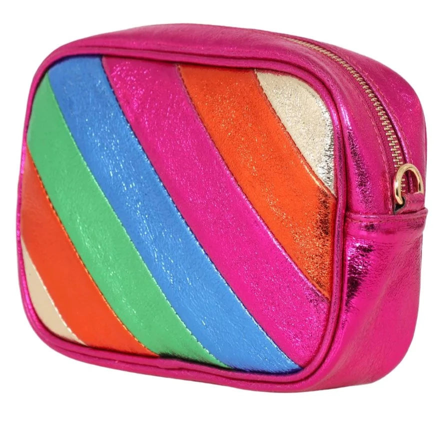 Bright Pink Rainbow Striped Italian Leather Camera Bag