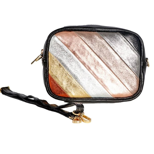 Black Rainbow Striped Italian Leather Camera Bag