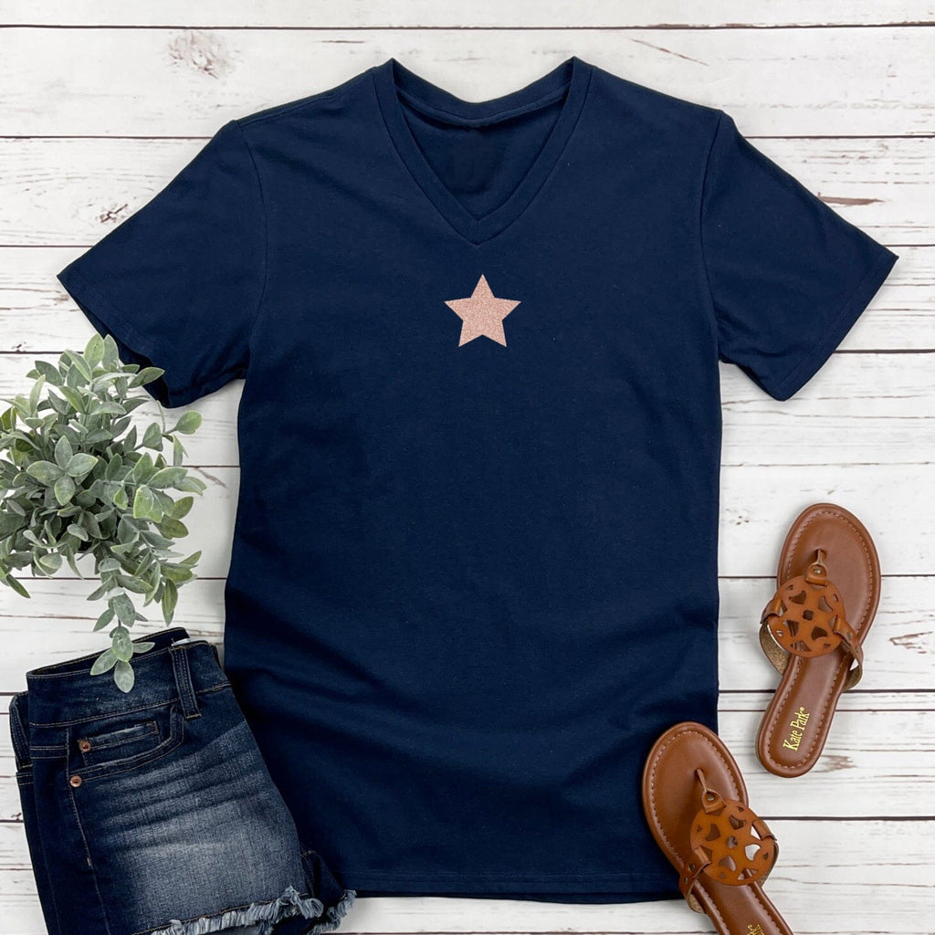 Rose Gold Glitter Star Navy V-Neck T-Shirt