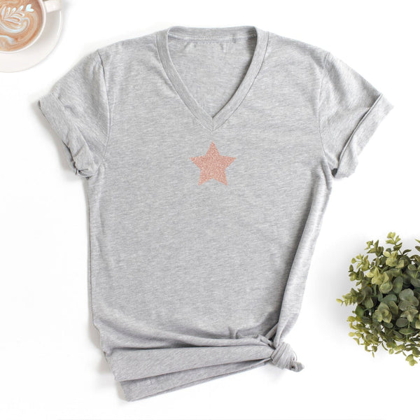 Rose Gold Glitter Star Grey V-Neck T-Shirt