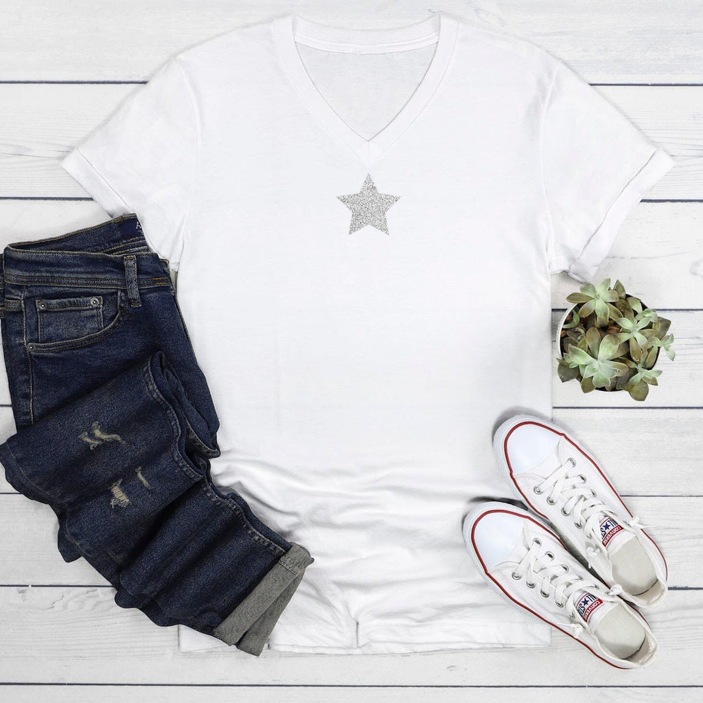 Silver Glitter Star White V-Neck T-Shirt