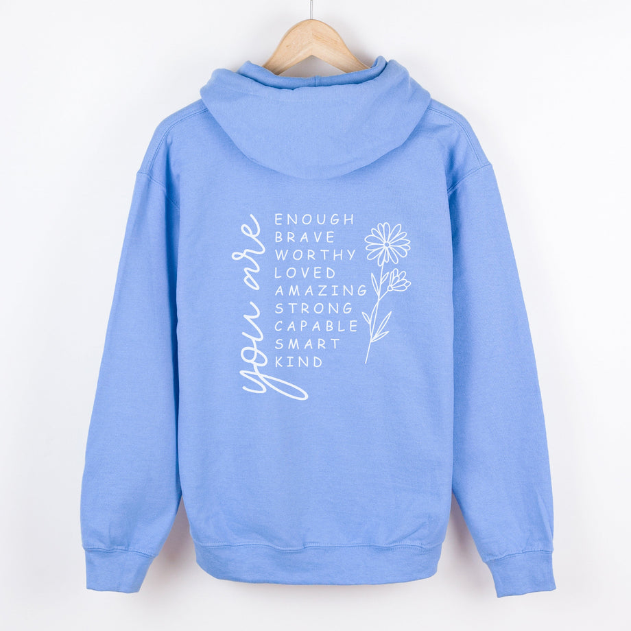 You Are' Ladies Hooded Cornflower Blue Sweatshirt by Betty Bramble