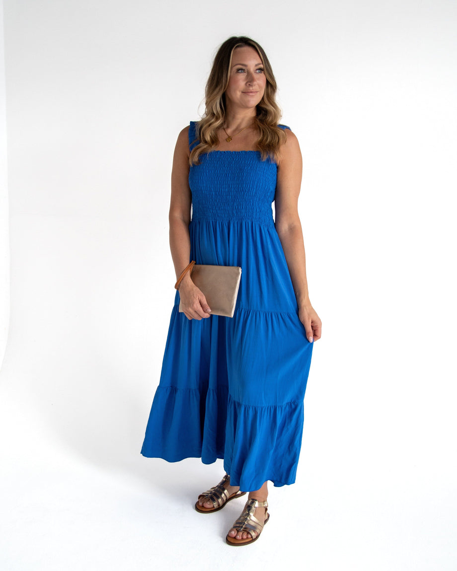 royal blue sun dress Shirred by Betty Bramble bohemian  style Size:Large 16.5