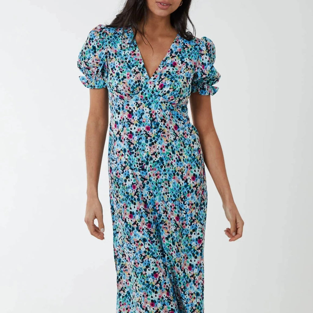 Floral Puff Sleeve Midi Dress in Blue