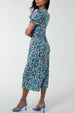 Floral Puff Sleeve Midi Dress in Blue