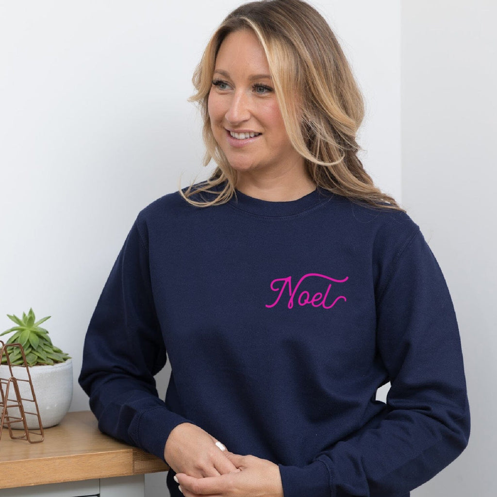 MIXED SIZES - Noel Pocket Design Navy and Neon Christmas Jumper - SAMPLE - Express Delivery Available At Betty Bramble