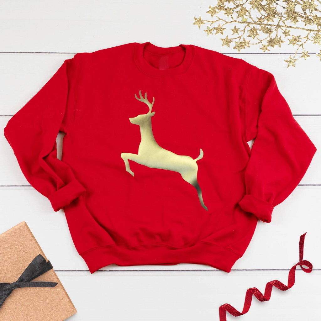 LARGE - Ladies Yellow Gold Leaping Stag Red Jumper - EXPRESS SAMPLE