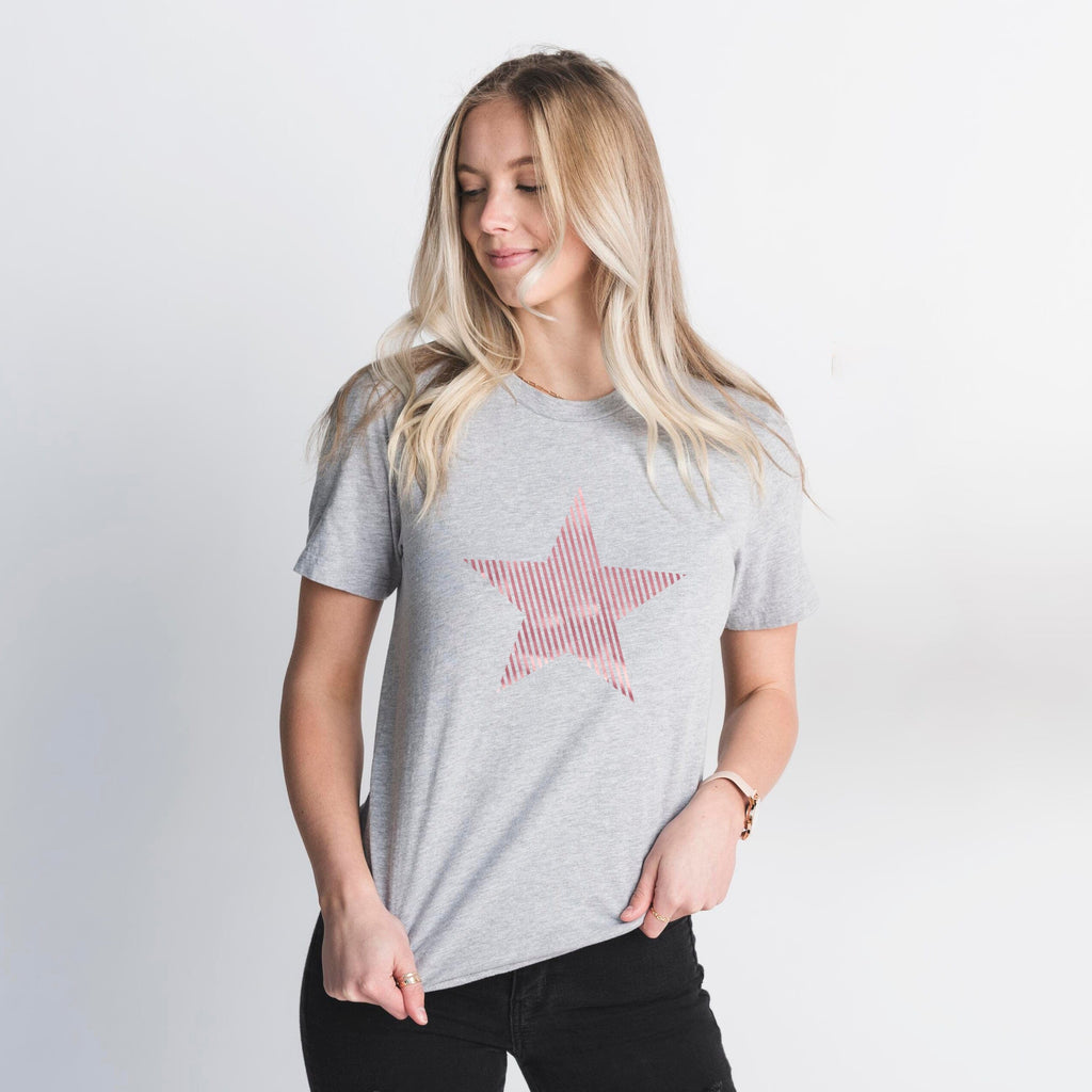 Metallic Rose Gold Striped Star T Shirt - BOYFRIEND FIT