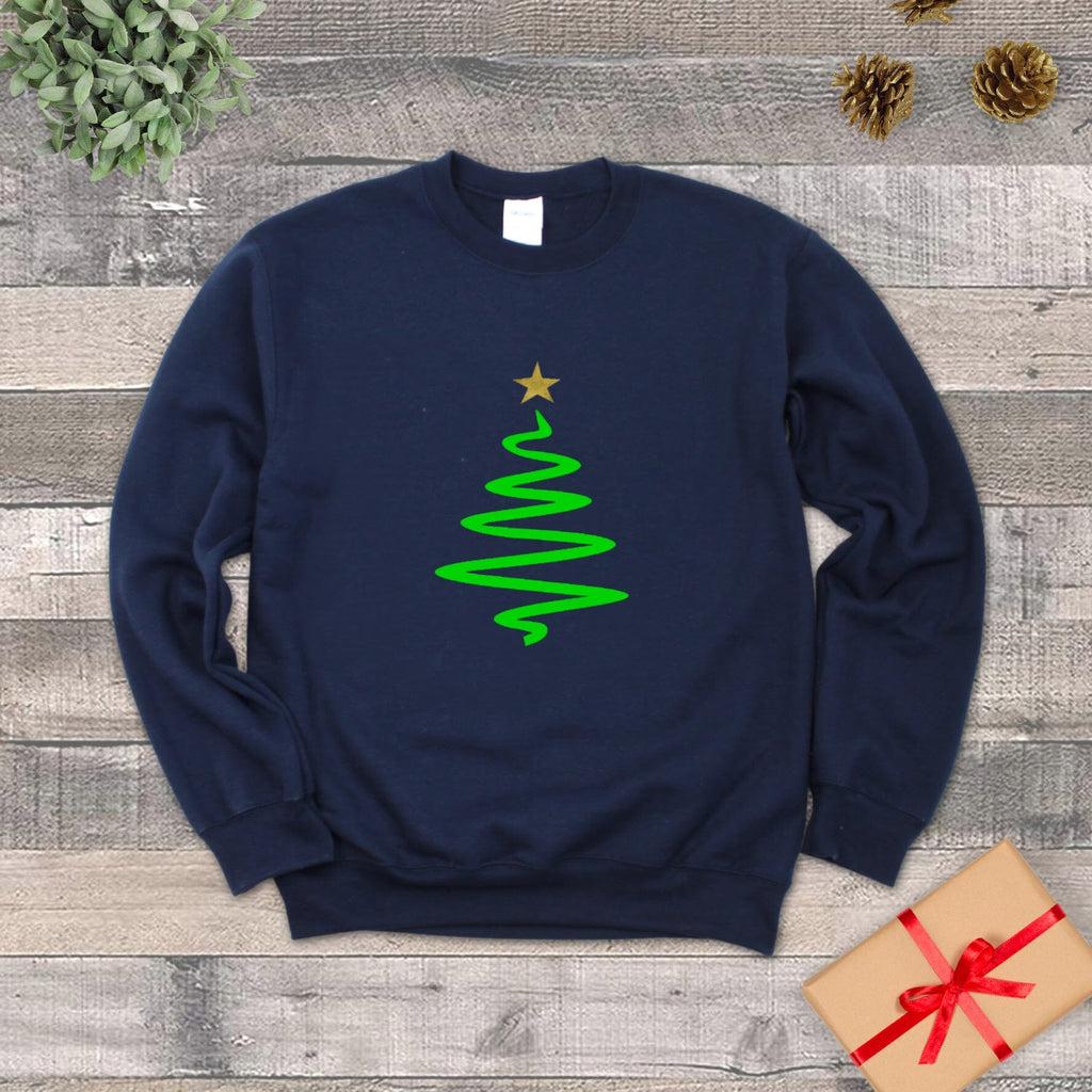 SMALL - Neon Green Christmas Tree Navy Sweatshirt - SAMPLE - Express Delivery Available At Betty Bramble