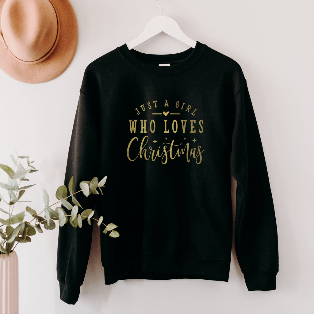 XSMALL - Just a Girl Who Loves Christmas Ladies Black and Gold Sweatshirt - SAMPLE - Express Delivery Available At Betty Bramble