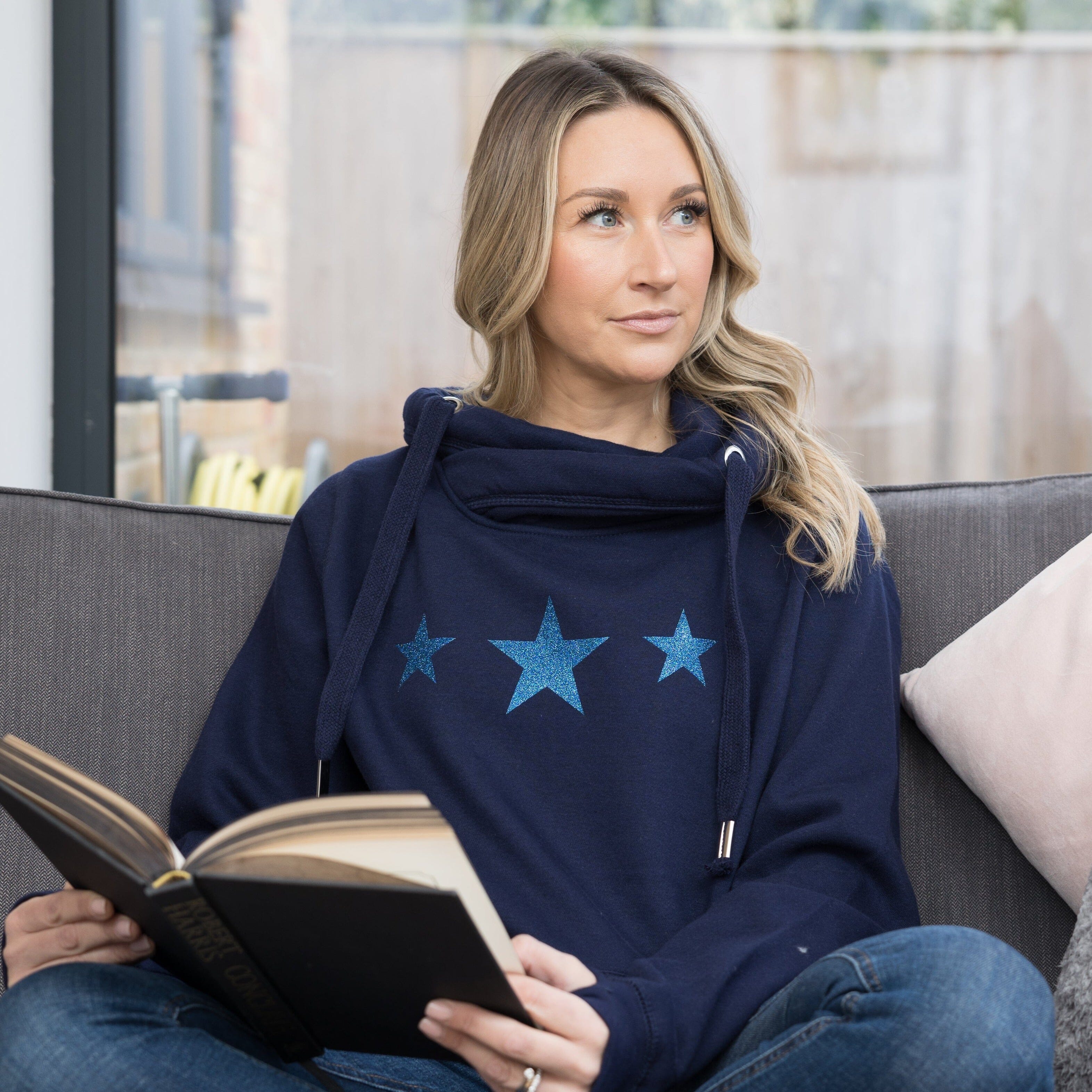 Navy Glitter Triple Star Cowl Neck Hoodie by Betty Bramble