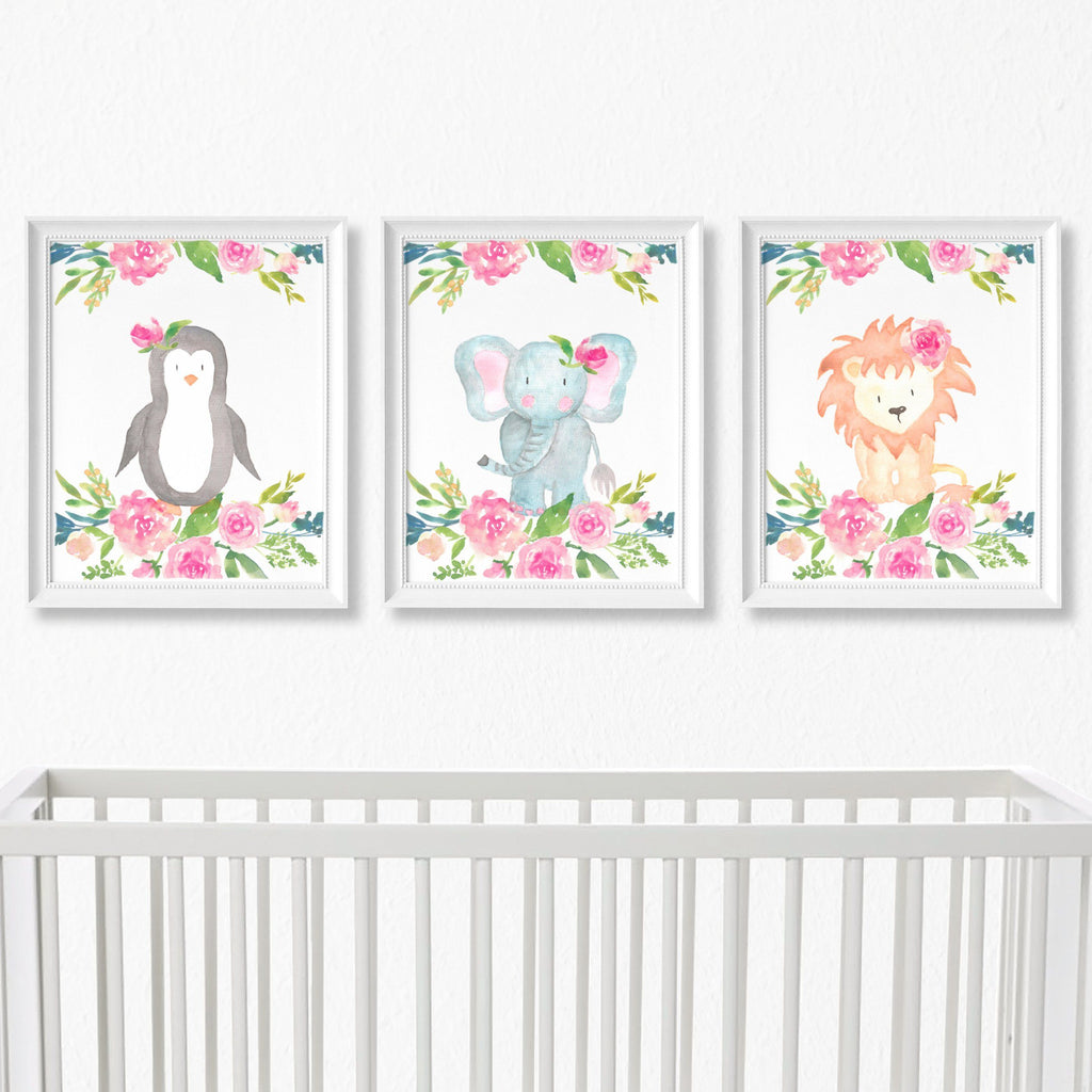 Safari Animals Floral Nursery Art Print Set,Art Print - Betty Bramble