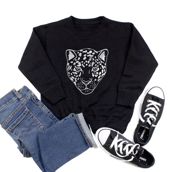 Silver Leopard Face Children's Black Sweatshirt