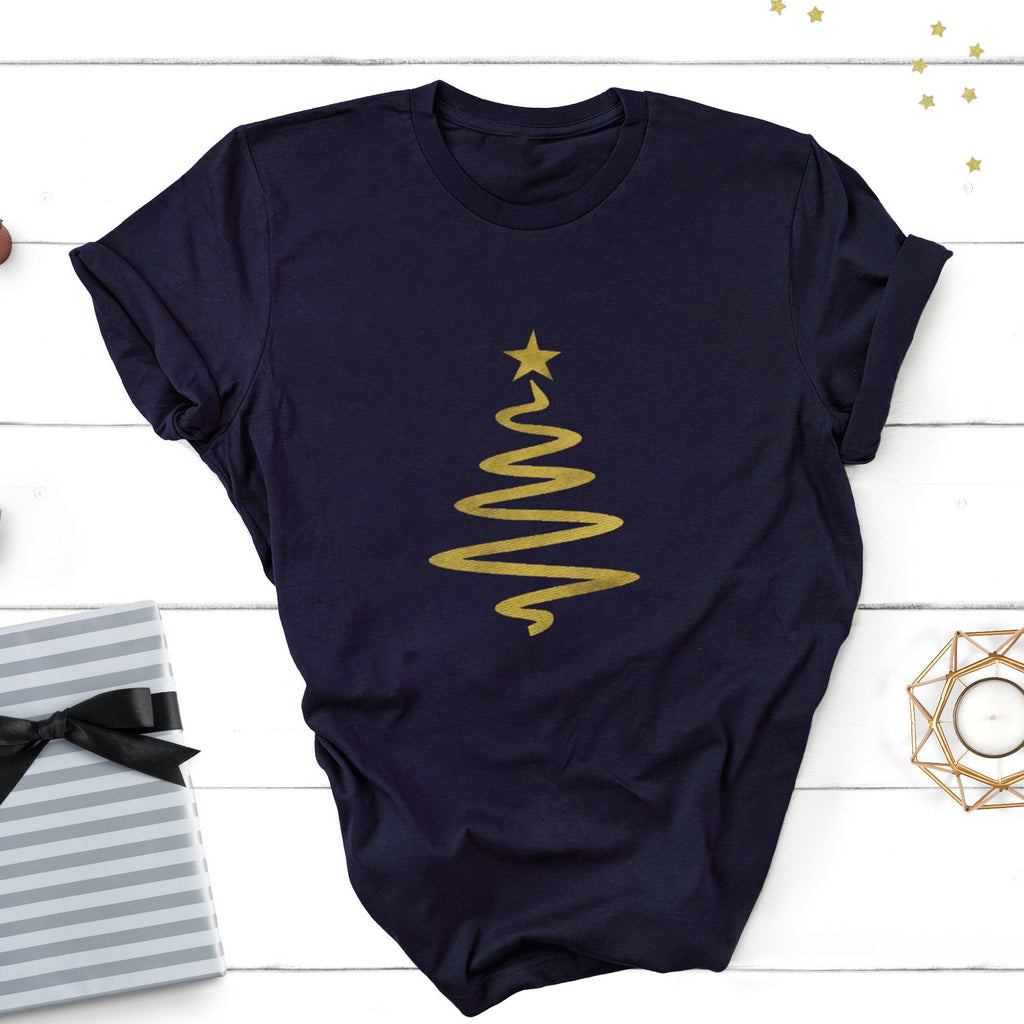 Ladies Gold Christmas Tree T-Shirt in Navy - Express Delivery Available At Betty Bramble