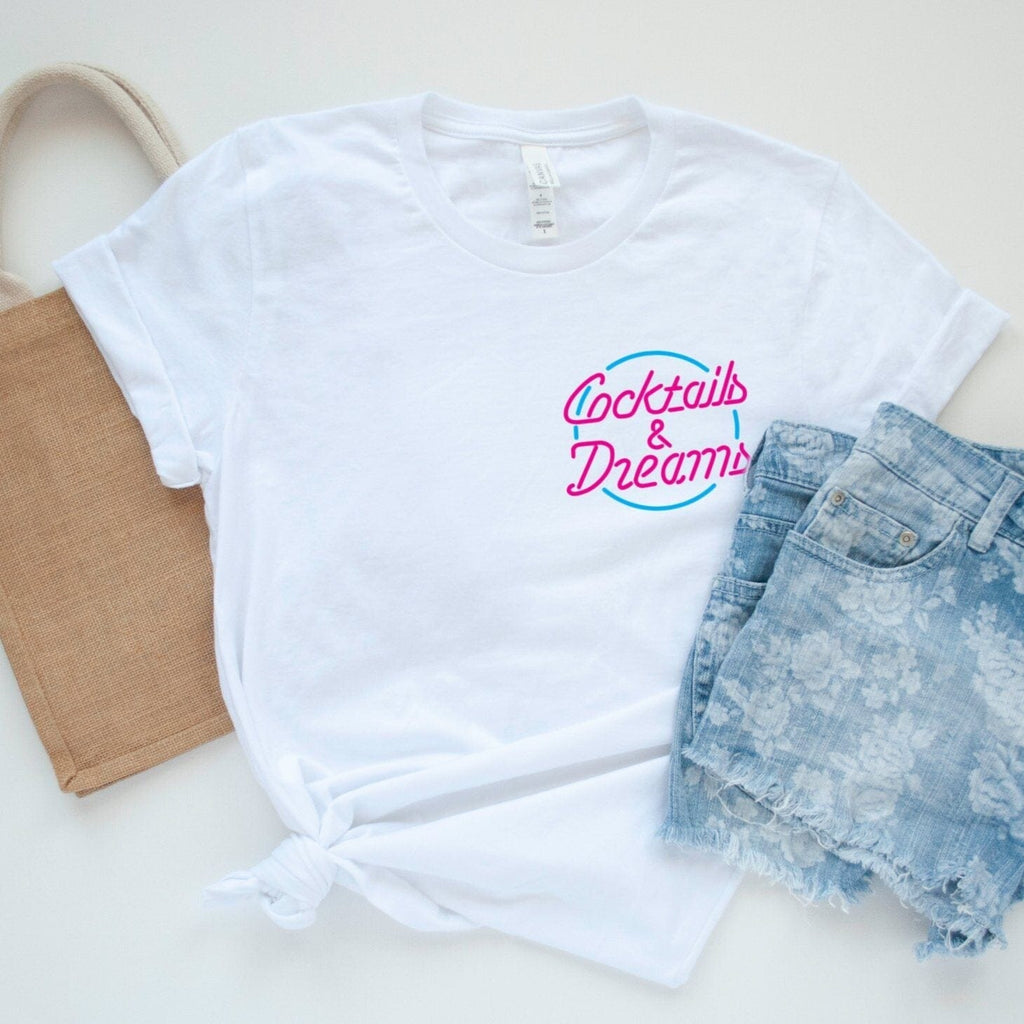 LARGE - Cocktails and Dreams White Ladies T Shirt - SECONDS - Express Delivery Available At Betty Bramble